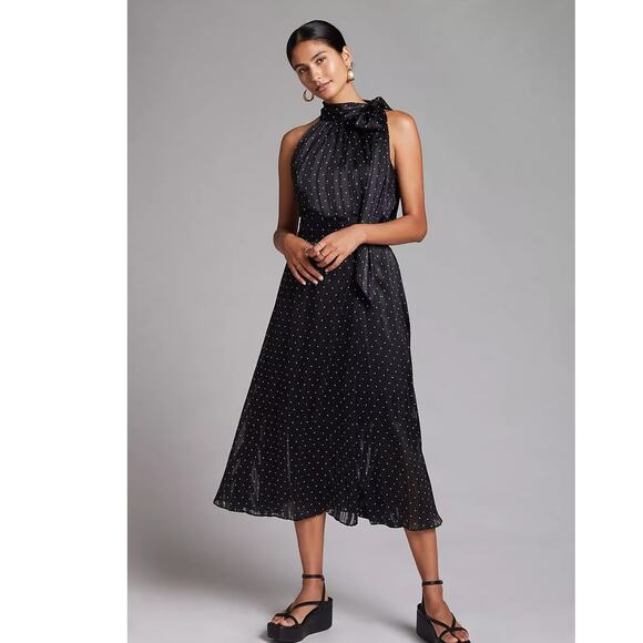 New ANTHROPOLOGIE Sachin & Babi Polka Dot Halter Midi Dress $260 SIZE 8  Black - Picture 1 of 6
